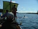 Back canoe = rudder, sailboat = swim platform.