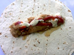 Fish taco with ......maple syrup drizzled on the Sriachi and tartar sauce.  Amazing flavors!