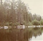 The only black bear we have ever seen on a trip, pond out of Shade Lake, 1977.